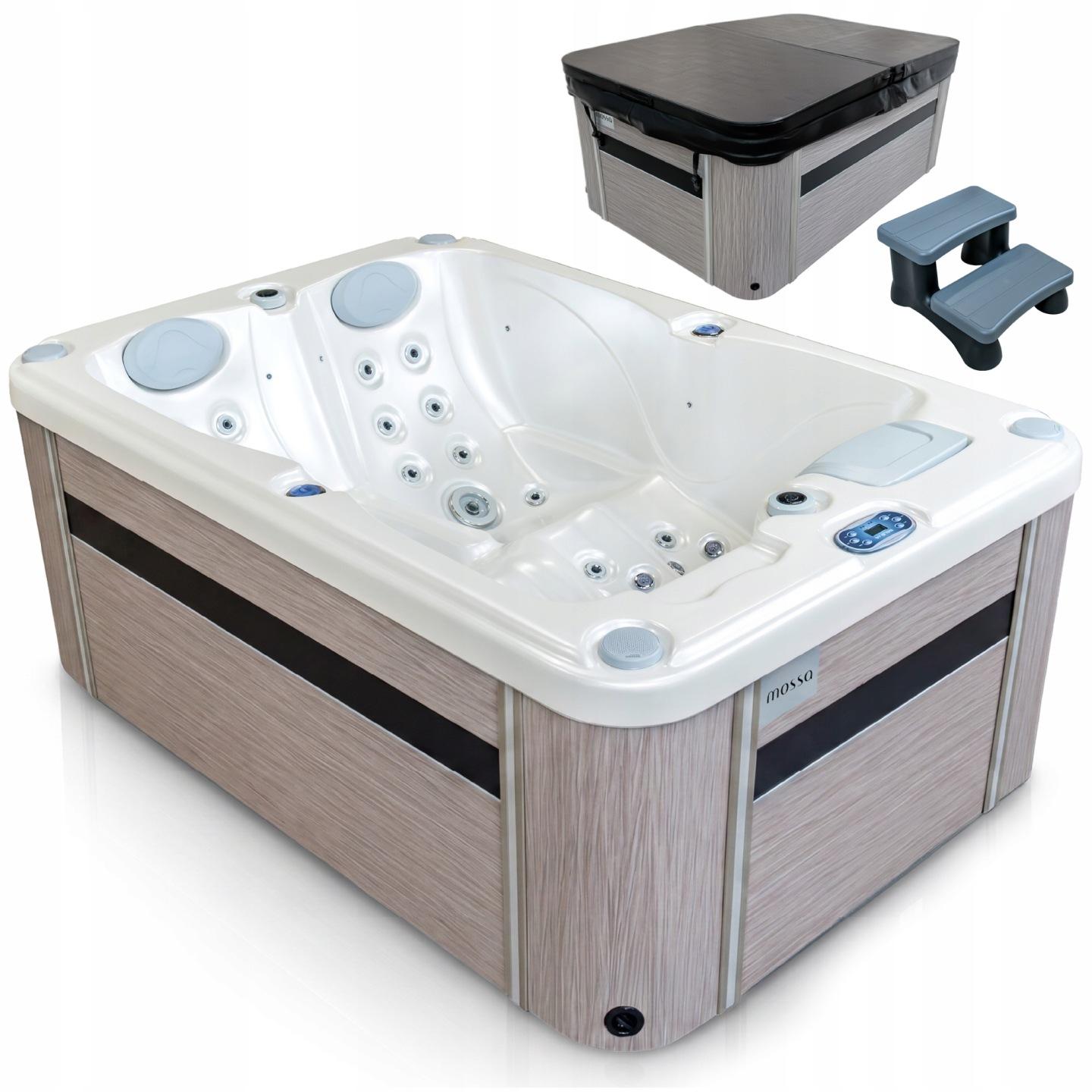 Wanna SPA für den Garten, Modell MOSSA VL-2P-PRO-PW-LB-Z - für 2 Personen - 50 Düsen - Balboa-Steuerung - Bluetooth - LED-Beleuchtung - mit Abdeckung und Treppe