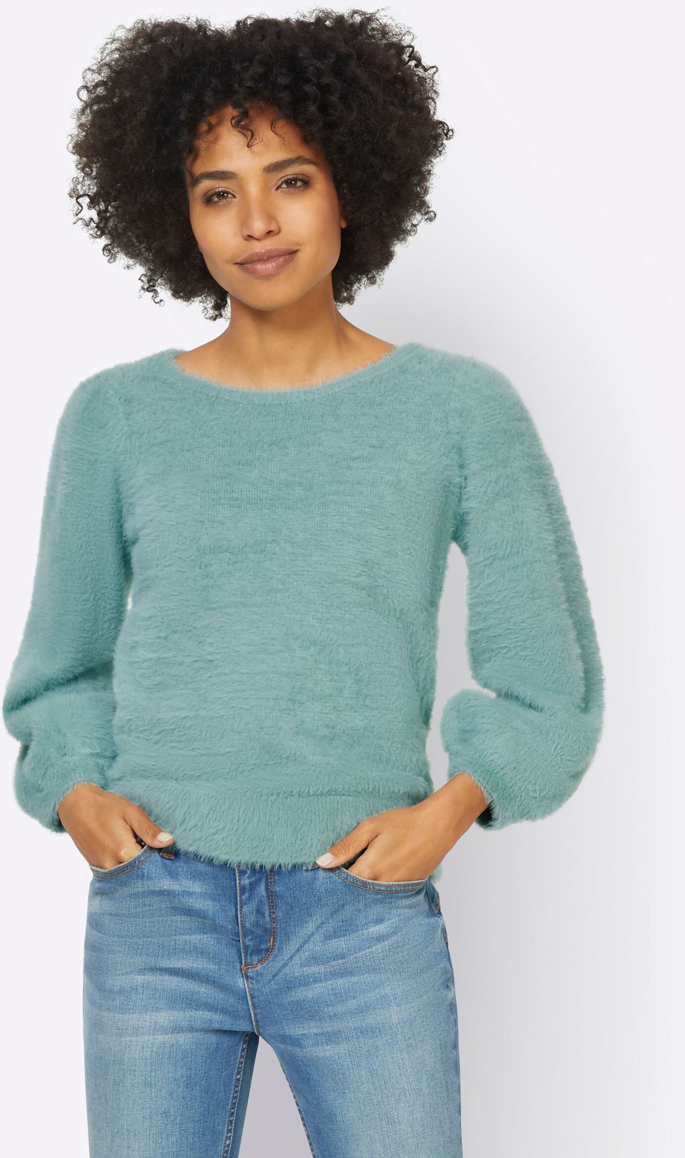 Longpullover HEINE "Pullover Strickpullover aus Flauschgarn", Damen, Gr. 42, kalkmint, Modisch, Rundhals, Pullover Longpullover