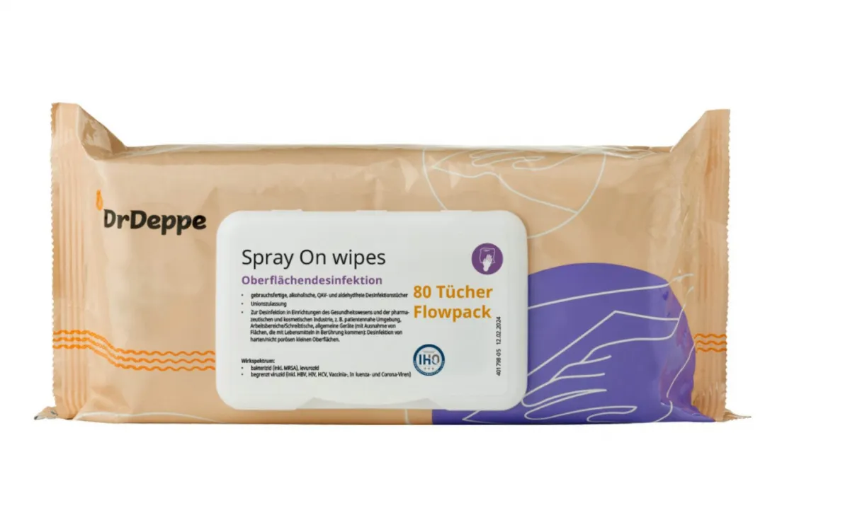 Dr.Deppe Spray On wipes (Cellulose), QAV- und aldehydfreie Flächen-Desinfektionstücher Flowpack mit 80 Tüchern 601212