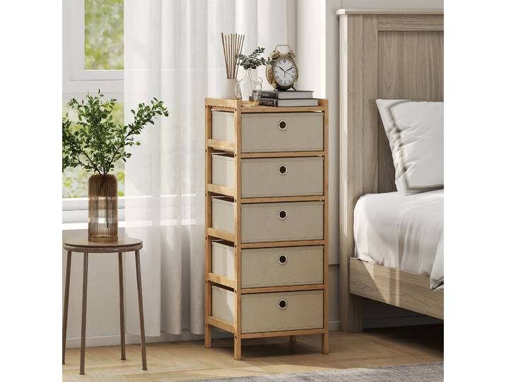 HOMCOM Commode Bambou 5 Tiroirs Tissu Crème Petit Espace