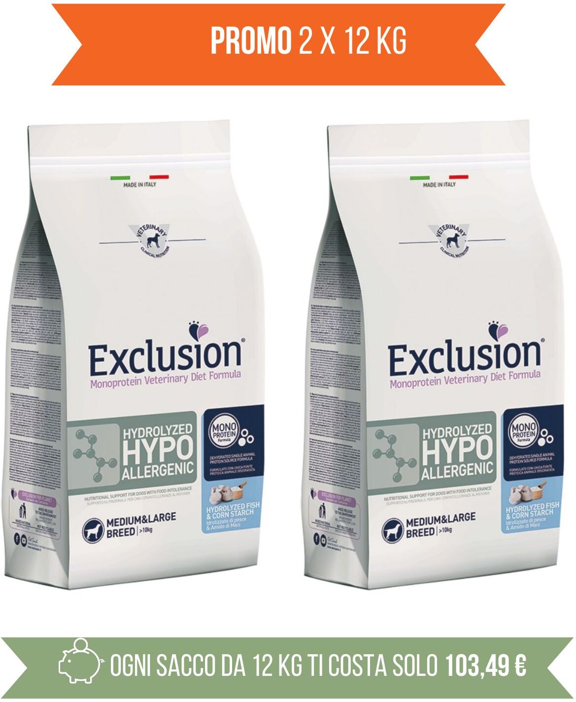 Exclusion PROMO 2 x 12 Kg (€ 105,60 A SACCO) Diet Hypoallergenic Hydrolyzed Medium Large Pesce e Amido di Mais per Cani Adulti