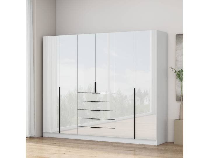 Kleiderschrank OTTO HOME Annor Schlafzimmerschrank Breite 242cm hochglanz Schrank Garderobe , weiß, B:242cm H:200cm T:52cm, FSC-zertifizierter Holzwerkstoff, Schränke, Kleiderschrank, Drehtürenschrank mit perfekter Innenausstattung - elegante Türgriffe