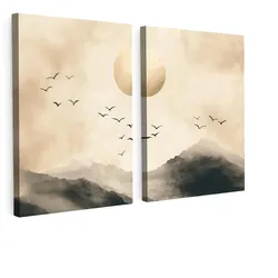 LEINWANDBILD 2er Set Landschaft - Japandi - Beige - Vögel 120x80 cm