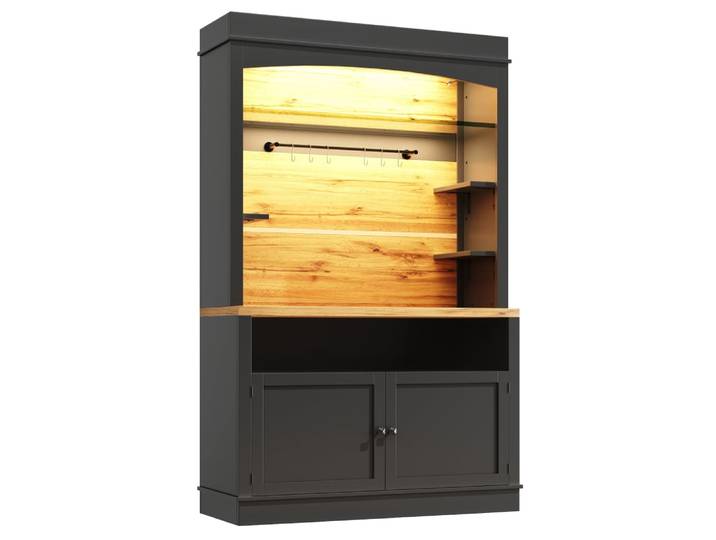 Vaisselier de cuisine noir étagères ouvertes avec vitrine et led