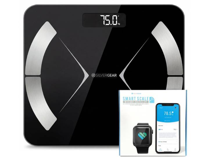 Weegschaal Personenweegschaal Digitaal - Slimme Weegschaal met 14 x Lichaamsanalyse incl. App - Max. 180kg - Zwart - Silvergear