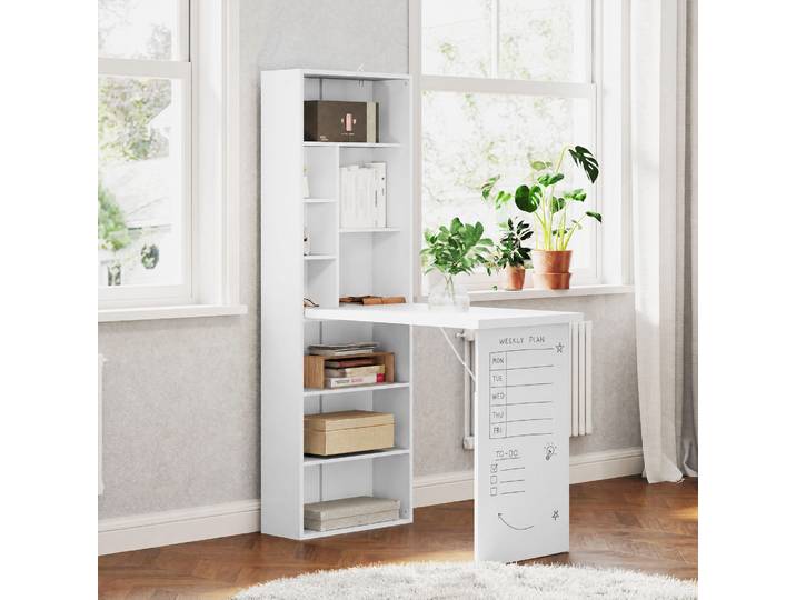 HOMCOM Bureau Pliable avec Bibliothèque et Tableau Blanc, Blanc