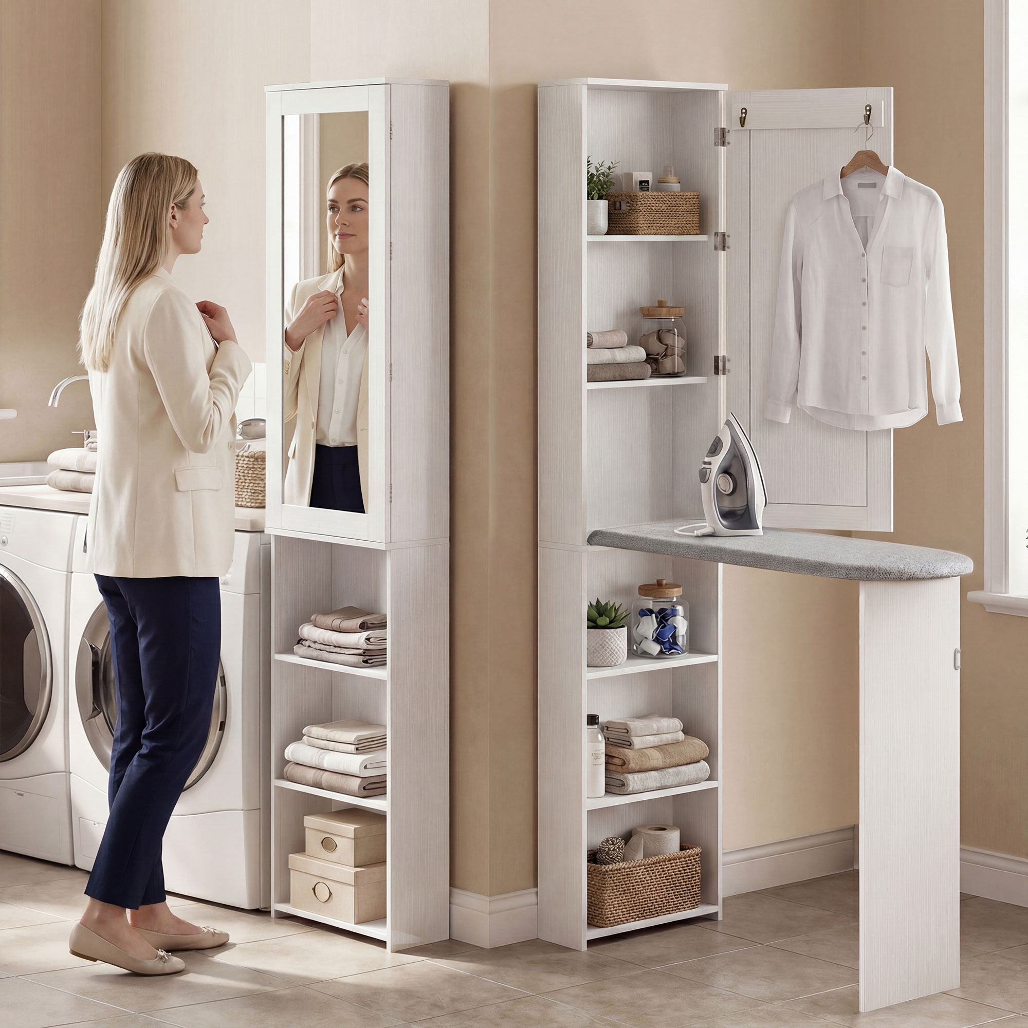 Homcom Armadio Pieghevole per Asse da Stiro con Anta, Ripiani Interni e Specchio, Tavolo da Stiro Salvaspazio per Cura del Bucato, 106x35x174 cm, Bianco   Aosom Italy
