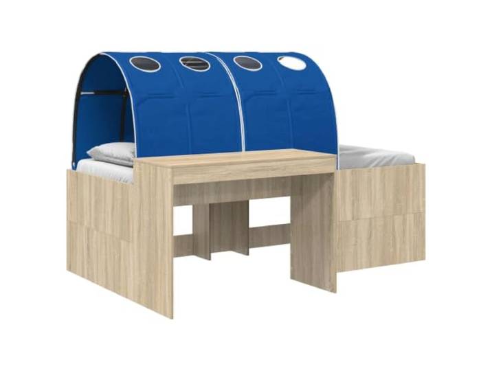 PUGYNBK Tunnelbett, 3 Stück, Sonoma-Eiche und Blau Holztechnik, Lattenrost, Loft-Design, atmungsaktives Polyester, platzsparend