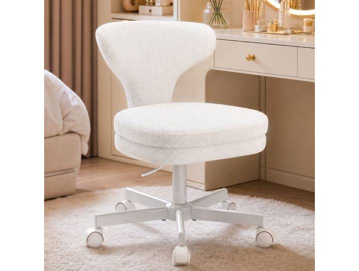 Chaise de coiffeuse pivotante - COMHOMA - COMHOMA - Dossier enveloppant - Assise 10 cm - Tissu bouclette blanc