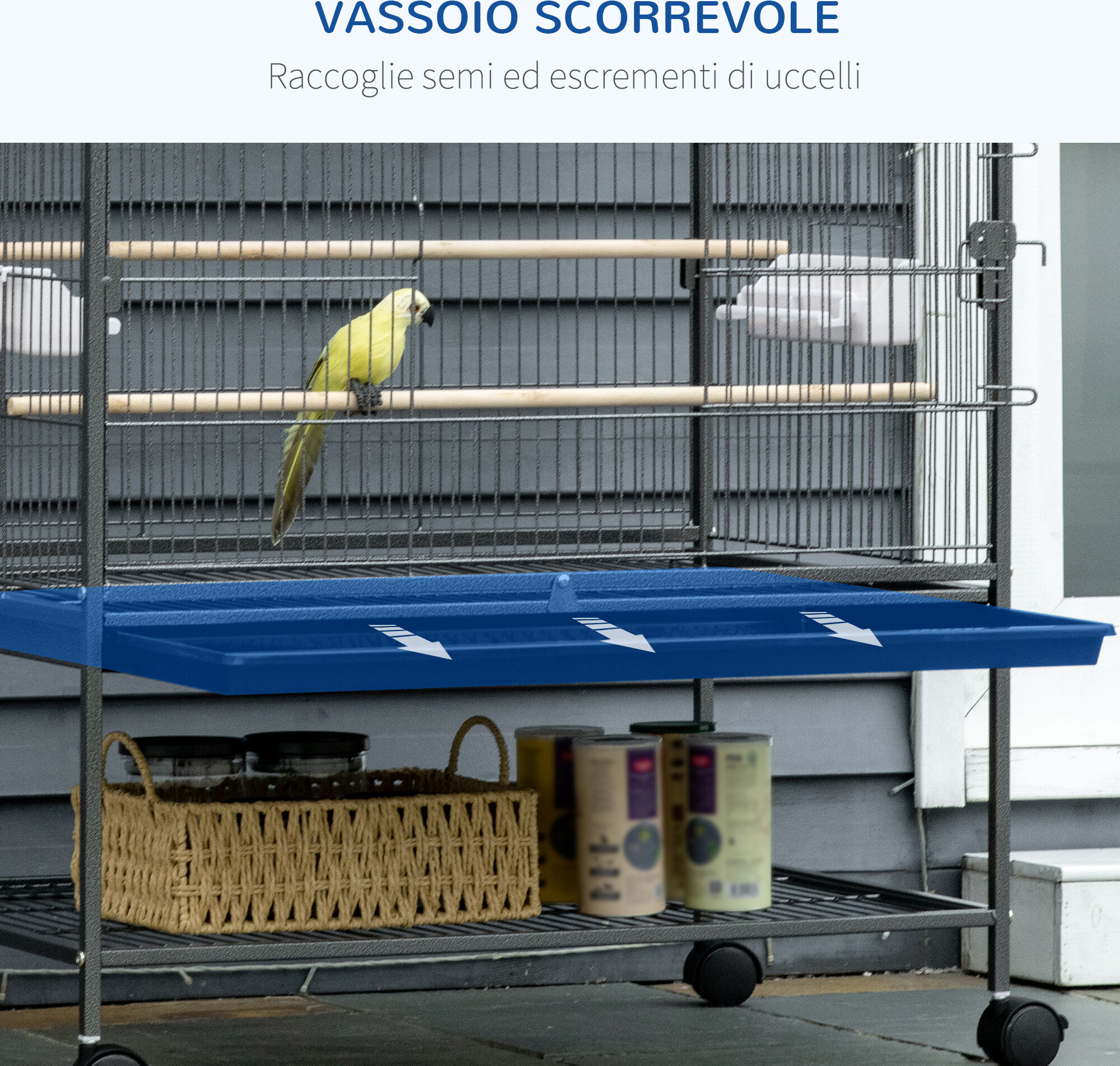 Altro Gabbia Per Uccelli Da Interni In Legno Con Vassoio, 4 Ruote E Trespolo, 78x52x132cm