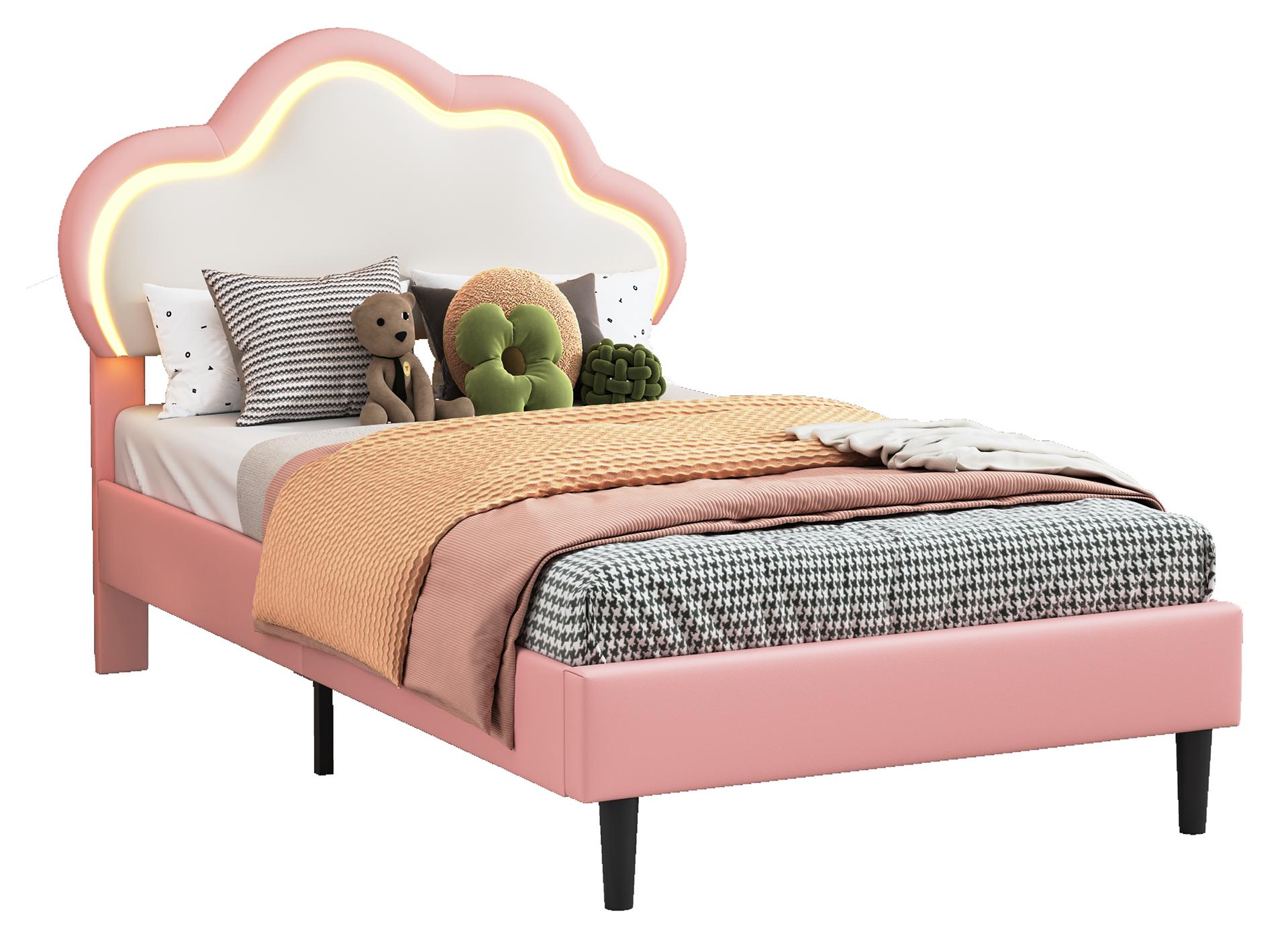 Kinderbett - Bettgestell - 90 x 200 cm - Wolkenform - Gepolstertes Kopfteil - Kunstleder - Rosa und Weiß
