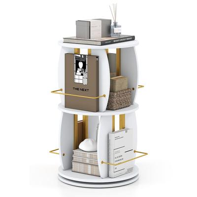 COSTWAY 360°-Drehregal Holz mit Schutzgeländer, Turm mit Drehsockel, 15 kg pro Ebene, Büro, Weiß