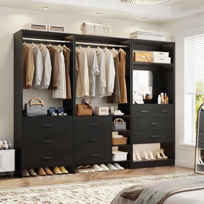 Rackcog Cimly Set of 3 Closet Organizers with Drawers and Mirror, Freestanding Closet System with Hanging Rods