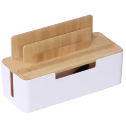 Relaxdays Kabelbox mit Handyhalter Weiß,Hellbraun