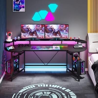 ROSE Gaming Desk with Monitor Shelf, 75 inch PC Computer Desk with LED Strip