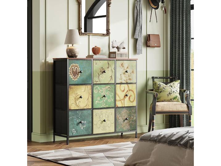 100 cm hohe Kommode mit 9 Schubladen, Holzplatte, Vintage-Muster, Metallgestell, Bohème-Stil, mehrfarbig