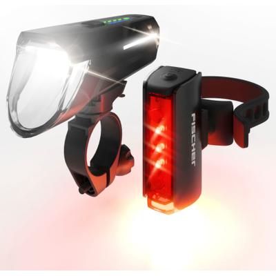 Fahrradbeleuchtung FISCHER FAHRRAD "LED-Akku-Bel. Set PLUS 110 + TWIN STOP", schwarz, Fahrradlampen