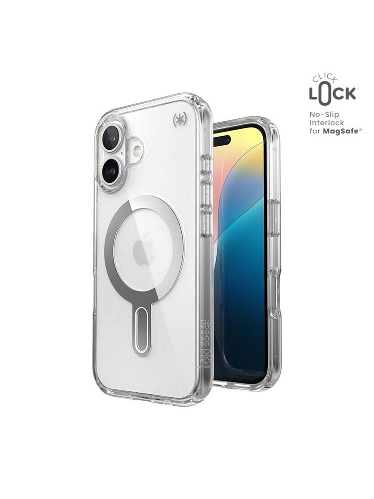 Speck Presidio Perfect-Clear ClickLock & MagSafe - iPhone 16 Case - Clear / Chrome Finish / Serene Silver