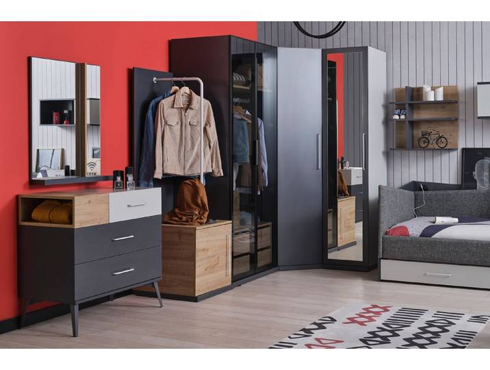 Möbel-Zeit Eckkleiderschrank HARVEY – 4-türig mit Glasfront & Spiegel – Anthrazit