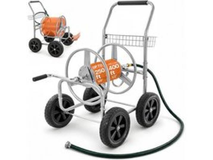 VEVOR Chariot Enrouleur Tuyau Arrosage 7620 cm 12192 cm Dévidoir de Tuyau Arrosage sur 4 Roues pour Arroser le Jardin et Lavage de Voiture, avec Poignée et Panier de Rangement en Maille, Accessoires