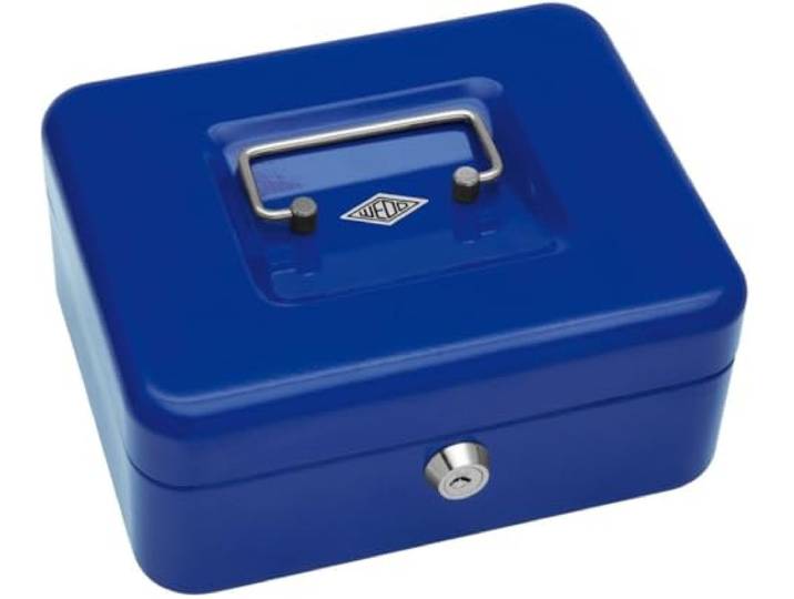 Wedo 145203X geldcassette (van gepoedercoat staal, intrekbare handgreep, 5-voudige muntinzet, veiligheidscilinderslot, 20 x 16 x 9 cm) blauw