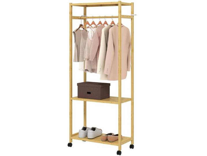 LIA Portant à vêtements à roulettes porte-manteau en bambou avec 2 étagères et tringle suspendue 70x35x175cm bois naturel