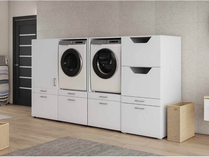 Meuble WASHING 2 machines avec armoire 1 porte 2 tiroirs et armoire linge blanc