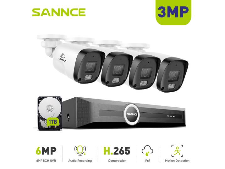 SANNCE 8CH NVR 3MP système de caméra de sécurité 4 pièces caméras IP PoE enregistrement 24/7 1/2/4 to HDD détection intelligente H.265 enregistreur vidéo