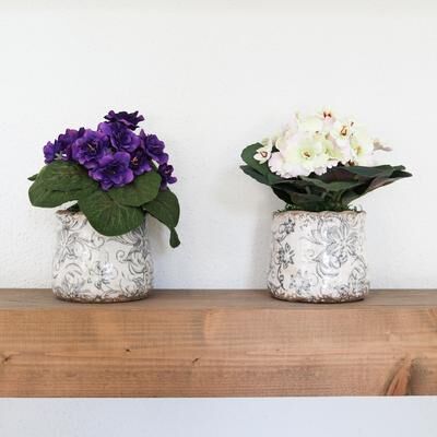 Nearly Natural "8"" African Violet Artificial Plant in Floral Design Vase (Set of 2)"