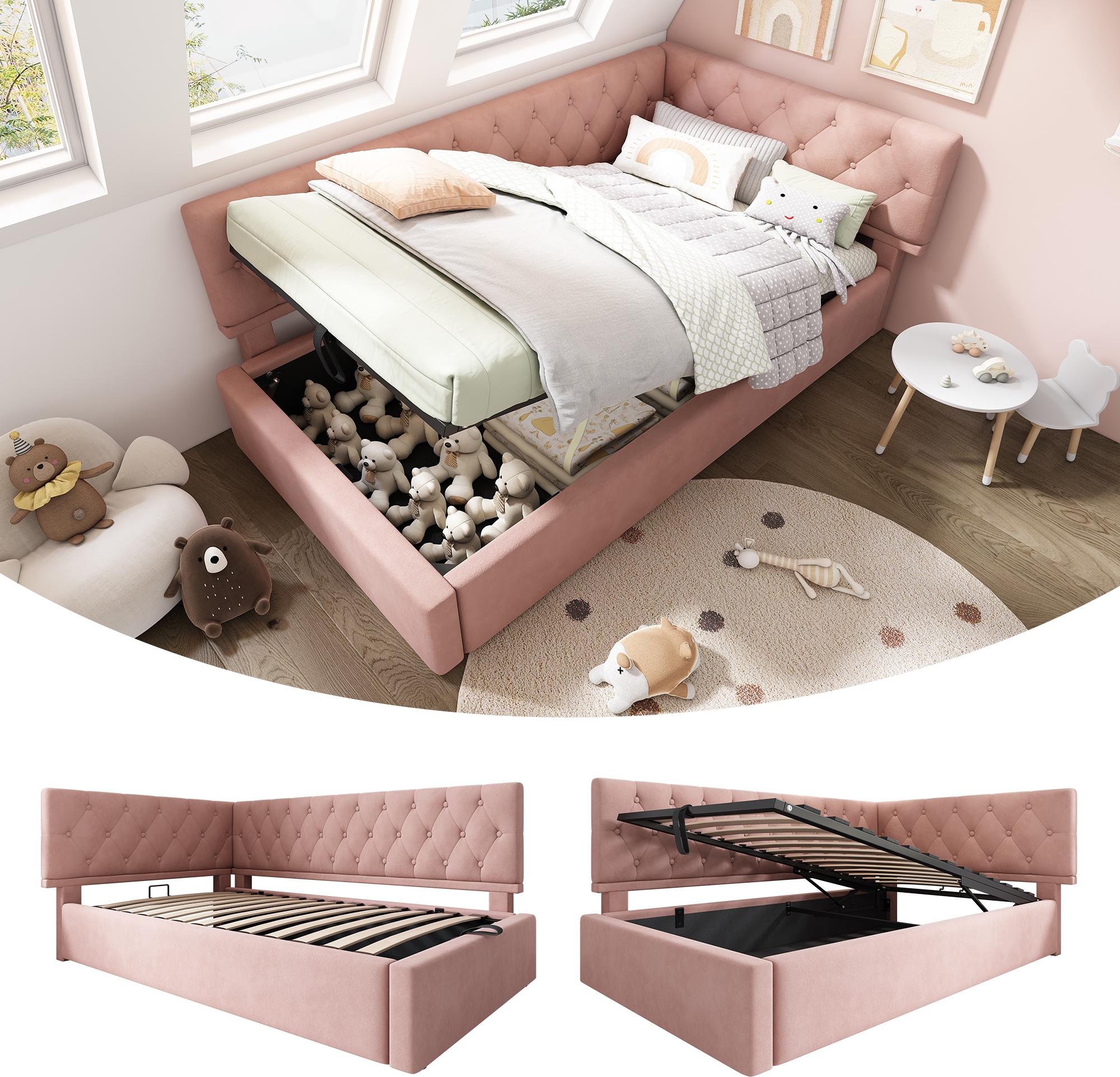 Polsterbett Tagesbett Daybett 90x200cm, Schlafsofa mit hydraulischem Stauraum, Kinderbett Jugendbett Bettgestell mit Lattenrost aus Holz, Samt, Rosa