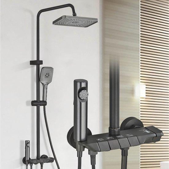 Unyqoos Douchesysteem met vierkante regendouche, handdouche en hogedruksproeier, grijs, Space-aluminium/ABS