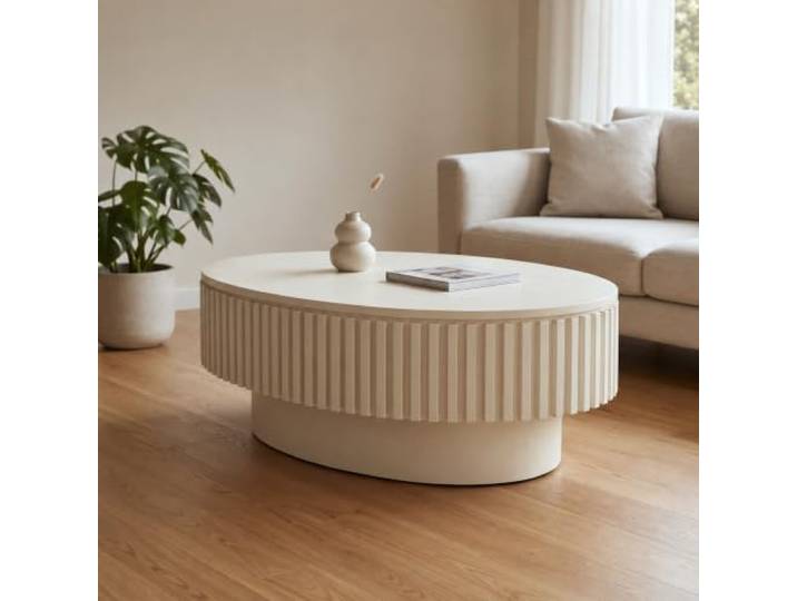 Yabunzel 98 cm Moderner Ovaler Couchtisch mit Stauraum, Holzoptik,Creme Moderner ovaler Sofatisch mit Fluted Design und abnehmbarem Deckel, Beistelltisch & Kaffeetisch mit verstecktem Stauraum