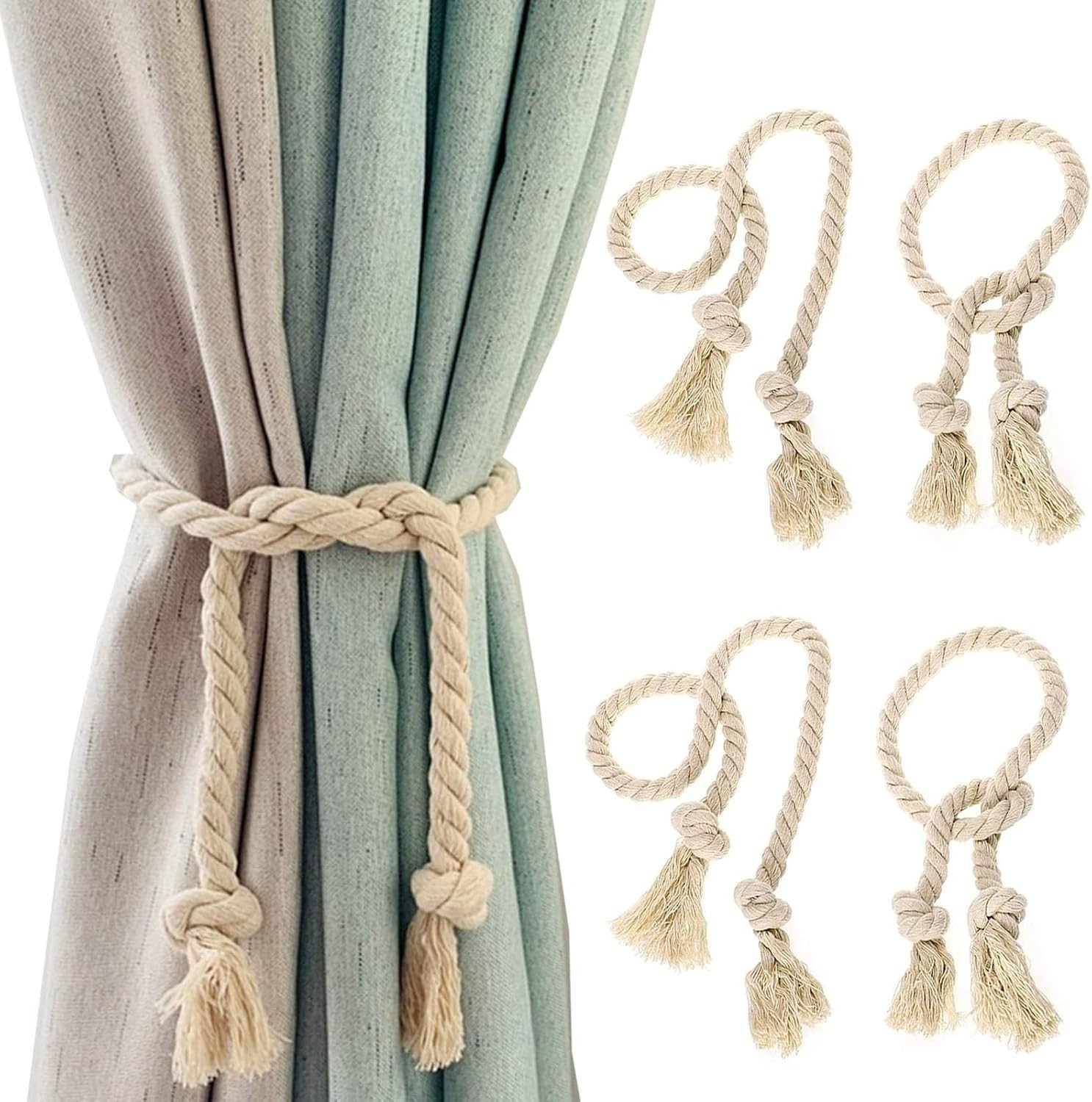 Set van 4 handgeweven katoenen gordijnstokken voor decoratie, beige