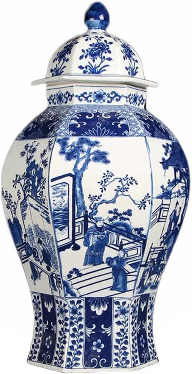 Handgeschilderde Keramische Gemberpot - Blauw-Witte Tempelpot Vaas - Decoratieve Opslag - Hoogte: 41 cm, Breedte: 20 cm