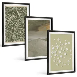 BILDER SET 3er Set - 40x60 cm Schwarzer Rahmen - Abstrakte florale Wellenmuster