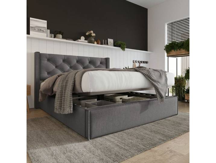 Cadre de lit - VVBV - Lit 2 places 140x200 - Tête rembourrée vintage - Élévation hydraulique - Sommier lattes pin