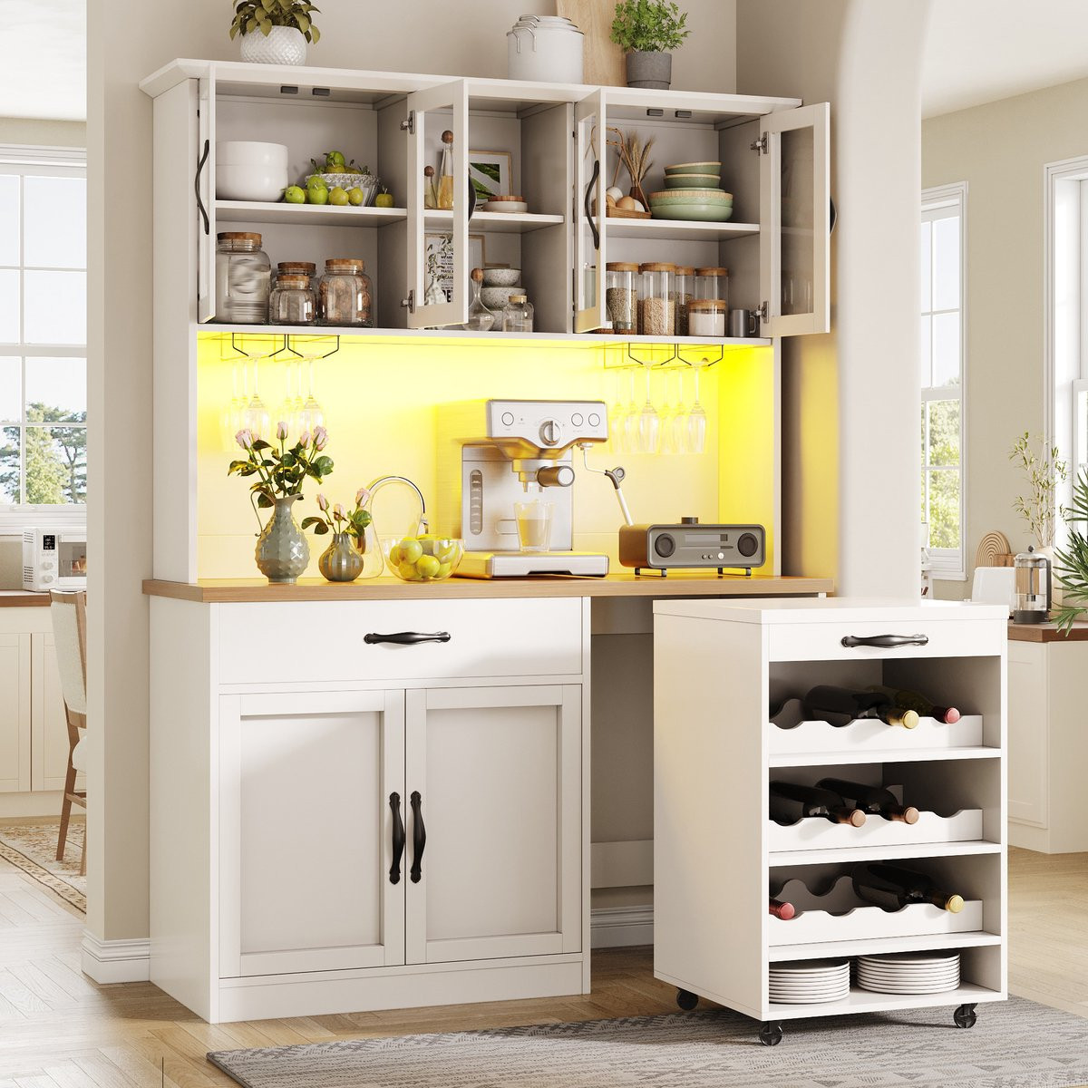 Merax Keukenkast op wieltjes met LED-verlichting, wijnrek en wijnglashouder, Hoge buffetkast voor keuken of eetkamer