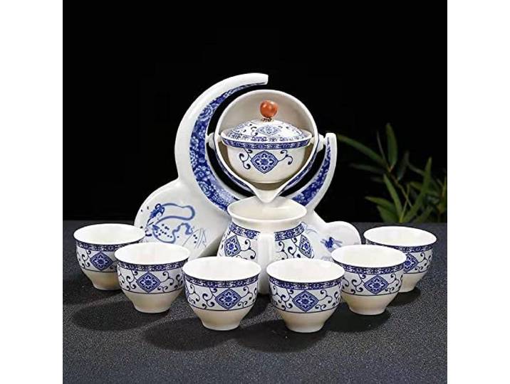 Scizorito Hochwertige Chinesische Tee-Set-Geschenkbox, Rotierendes Kung Fu Tee-Set, Reines Handfeuern, Mit Rotierender Teekanne und Infuser, Geeignet für Büro, Zuhause, Geschenk (Halbmond weiß)