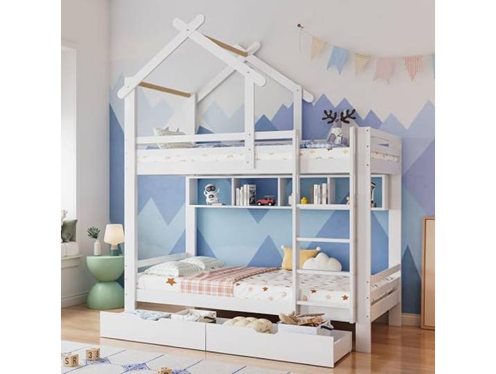 Ball & Cast Hochbett (90x200cm) Kinderbett mit Treppe und Rausfallschutz, Etagenbett mit Schubladen und Regalen für 2 Kinder, ohne Matratze, Weiß