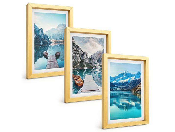 BILDER SET 3er Set - 20x30 cm Goldrahmen - Spiegelung der Boote auf Bergseen