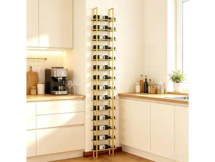 KEPMOGOH Wandmontiertes Weinregal, Weinregal für Bars, Weinflaschenhalter aus Metall, Weinpräsentation für Hausbar, Weinkeller, Küche (Gold, 16 Bottles)