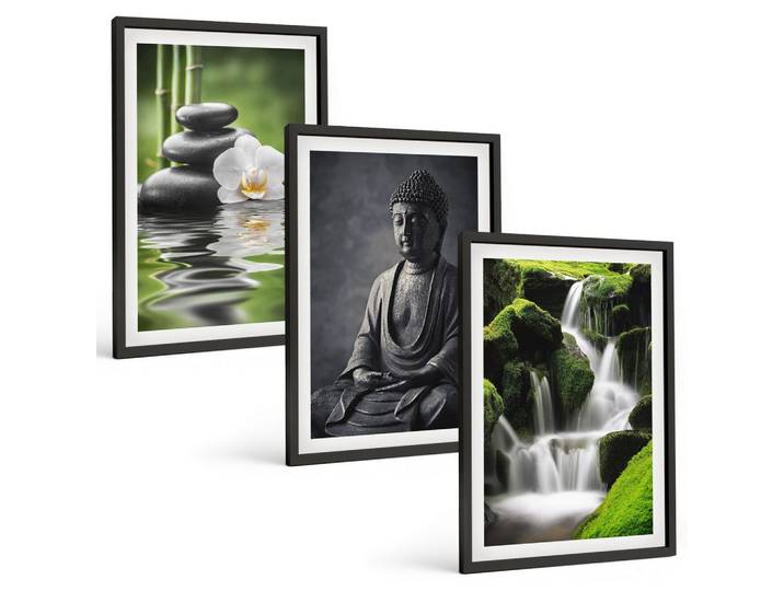 BILDER SET 3er Set - 40x60 cm Schwarzer Rahmen - Entspannende Zen-Wassermalerei
