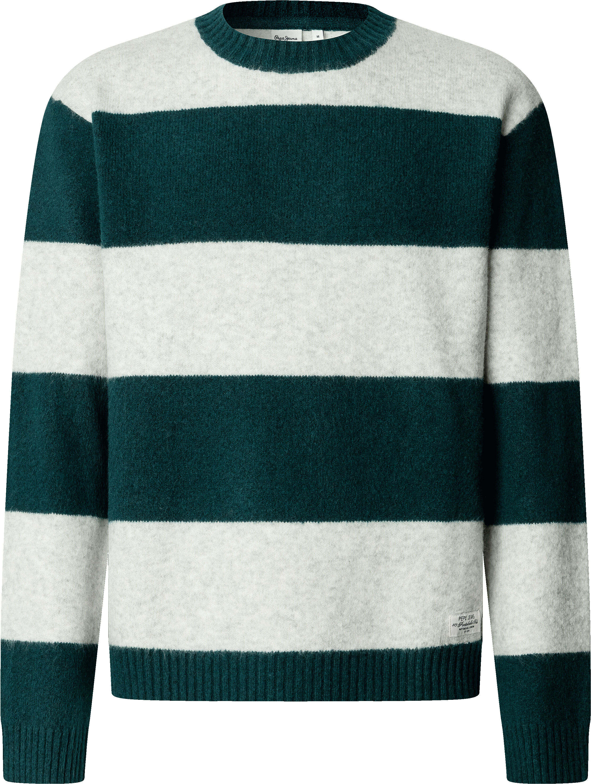 Strickpullover PEPE JEANS "DEACON STRIPES", Herren, Gr. XL, grün (richmond grün), Strick, Obermaterial: 65% Polyester, 28% Polyacryl, 5% Wolle, 2% Elasthan, gestreift, hüftbedeckend, Rundhals, Rippstrickbündchen, Pullover Strickpullover, mit Streifenstruk