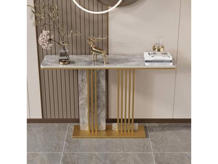 Luxuriöser halbmondförmiger Konsolentisch mit einzigartigen Metallbeinen Rechteckiger Sofatisch mit Schieferplatte, moderner Konsolentisch für Flur und Eingangsbereich(Gold E,100cm/39.4in)