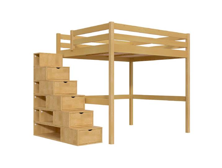 Lit Mezzanine bois 160x200 avec escalier cube Sylvia 160x200 Miel