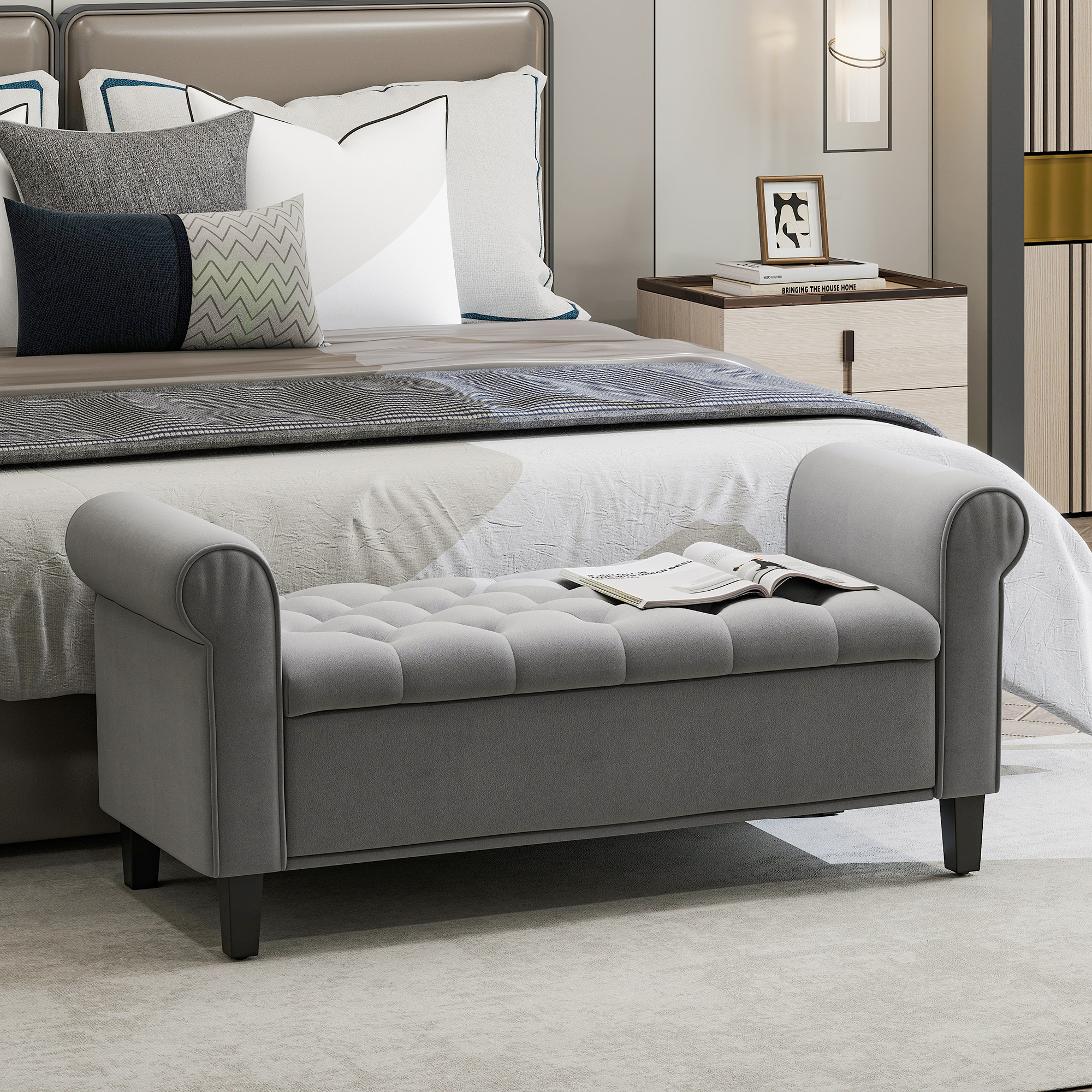 Homcom Panca Fondo Letto in Tessuto Vellutato con Spazio Portaoggetti e Braccioli, 126x48.5x57 cm, Grigio Aosom