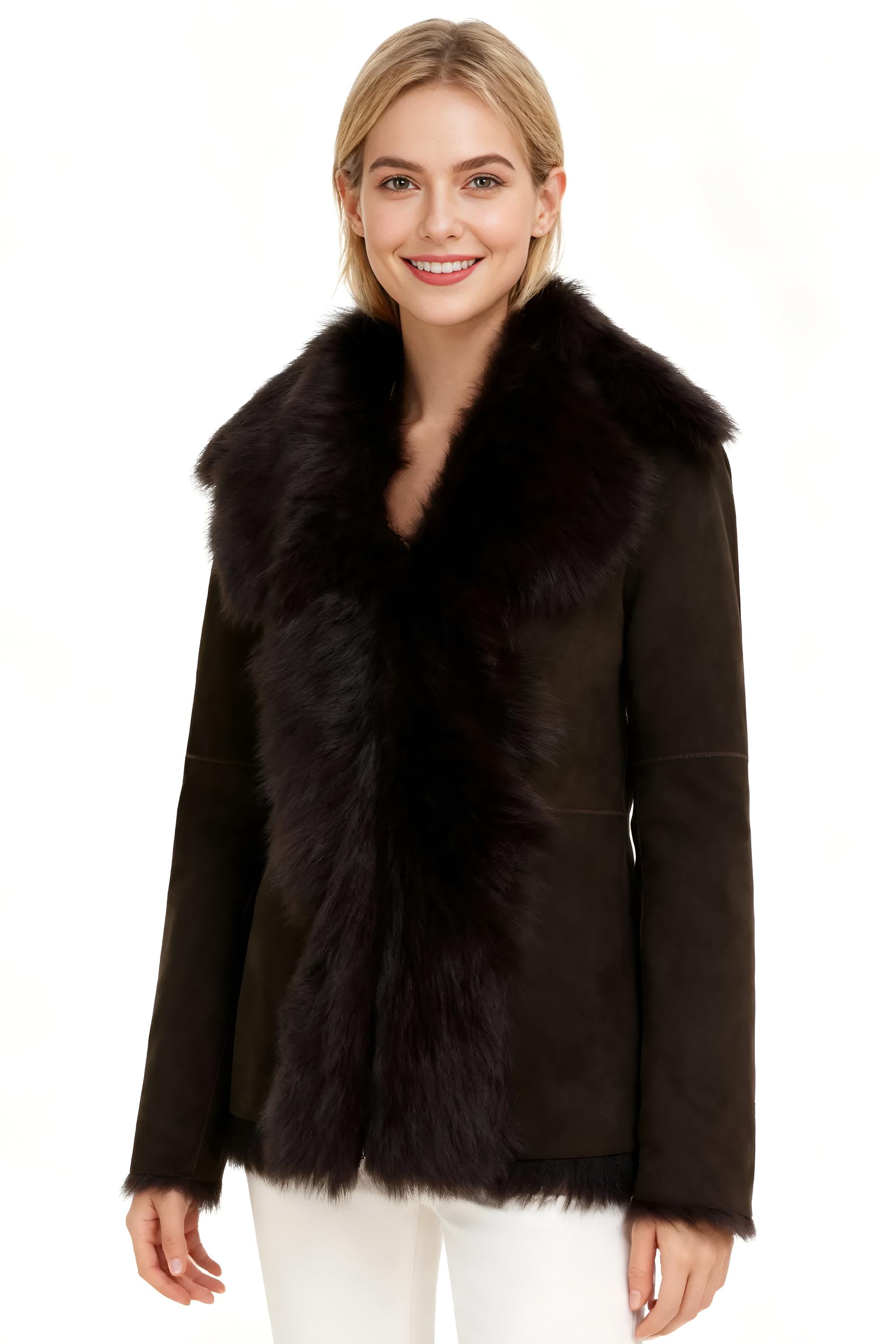 Damen Braune Toscana Merino Lammfell Wildlederjacke - Siena