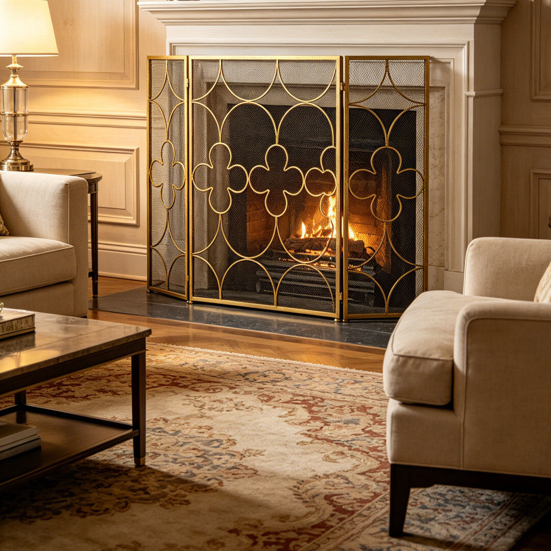 Symple Stuff 3 Panel Iron Fireplace Screen Gold 77.5cm H X 122cm W X 2cm D