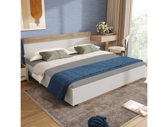 SEYAKANY Lit Double en Bois 160x200 cm Lit Flottant avec Tête-de-lit - Blanc & Chêne
