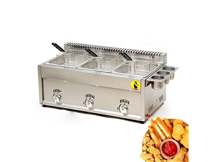 FVTVHEV Gasfritteuse für den gewerblichen Gebrauch, 9 l/18 l/27 l große Fritteuse, mit abnehmbarem Ölkorb, einstellbare Feuerkraft, Fritteuse aus Edelstahl, leicht zu reinigen, Silber 27L